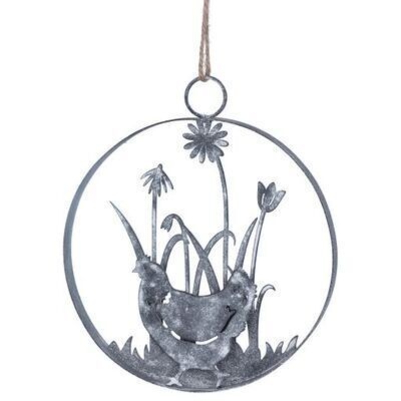 Tin disc shaped hanging decoration with hen and floral detail. The perfect addition to your home for Easter and Spring. By Gisela Graham.